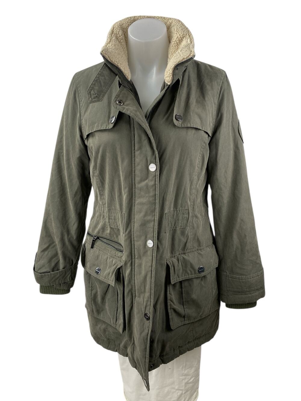 DKNY Women's Green Fleece Collar Full Zip Utility Military Parka Coat Jacket XS